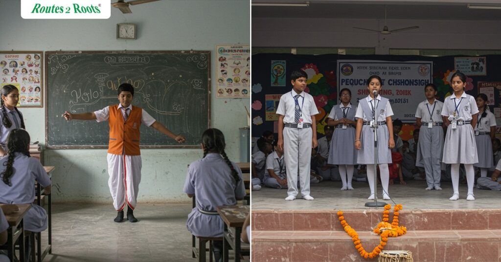 Students performing on stage during an inter-school cultural competition in India, showcasing artistic talent and cultural diversity