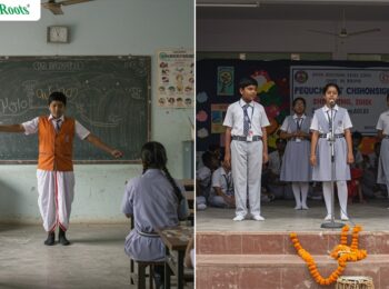 Students performing on stage during an inter-school cultural competition in India, showcasing artistic talent and cultural diversity