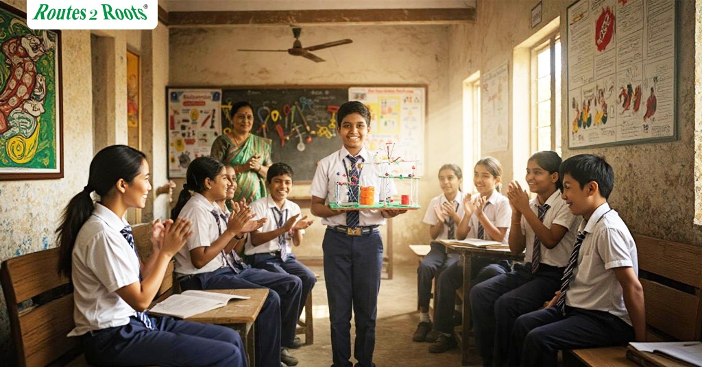 NGO volunteer introducing a cultural activity in a government school