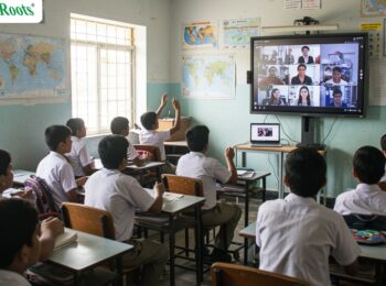 Students in rural India attending a live online global cultural session