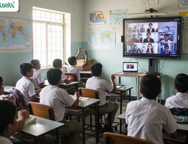 Students in rural India attending a live online global cultural session