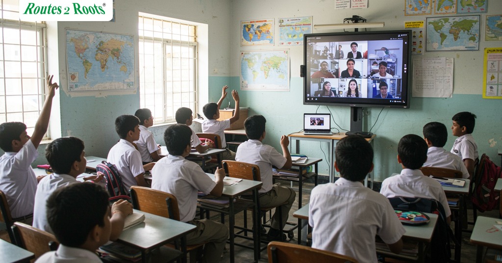 Students in rural India attending a live online global cultural session