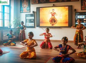 Young dancers performing classical Indian dance in vibrant costumes during Diwali program