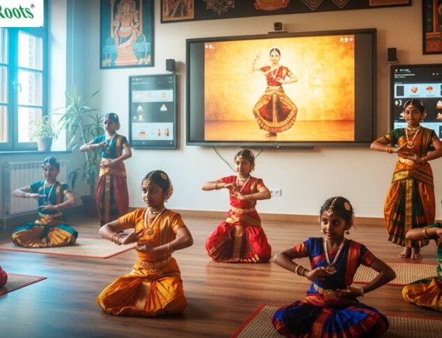 Young dancers performing classical Indian dance in vibrant costumes during Diwali program