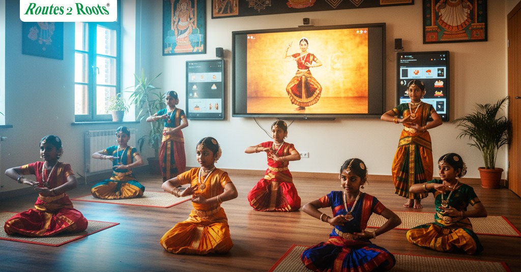 Young dancers performing classical Indian dance in vibrant costumes during Diwali program