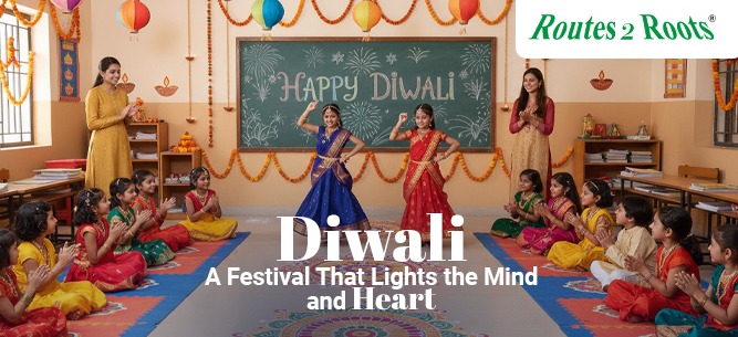 Children celebrating Diwali in a classroom, decorating and holding hands around a diya