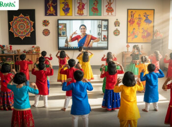 Children in a rural Rajasthan school participating in a digital art education program