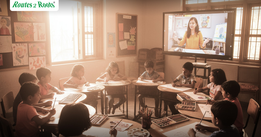 Indian students attending Routes 2 Roots digital art classroom