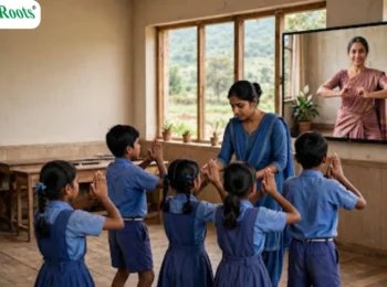 Students learning dance through a digital class in a rural classroom