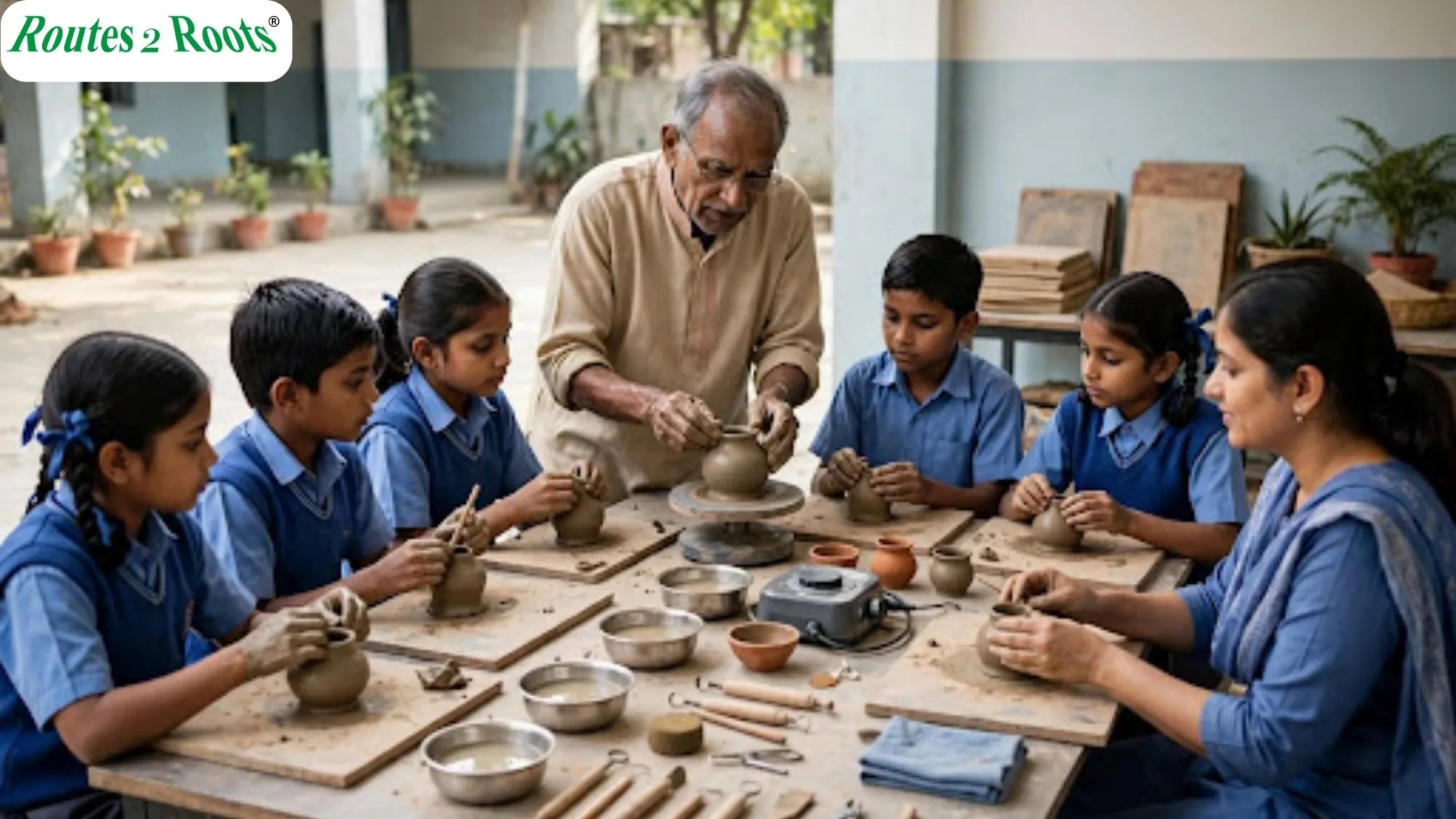 Local artisan teaching pottery to students in a remote school