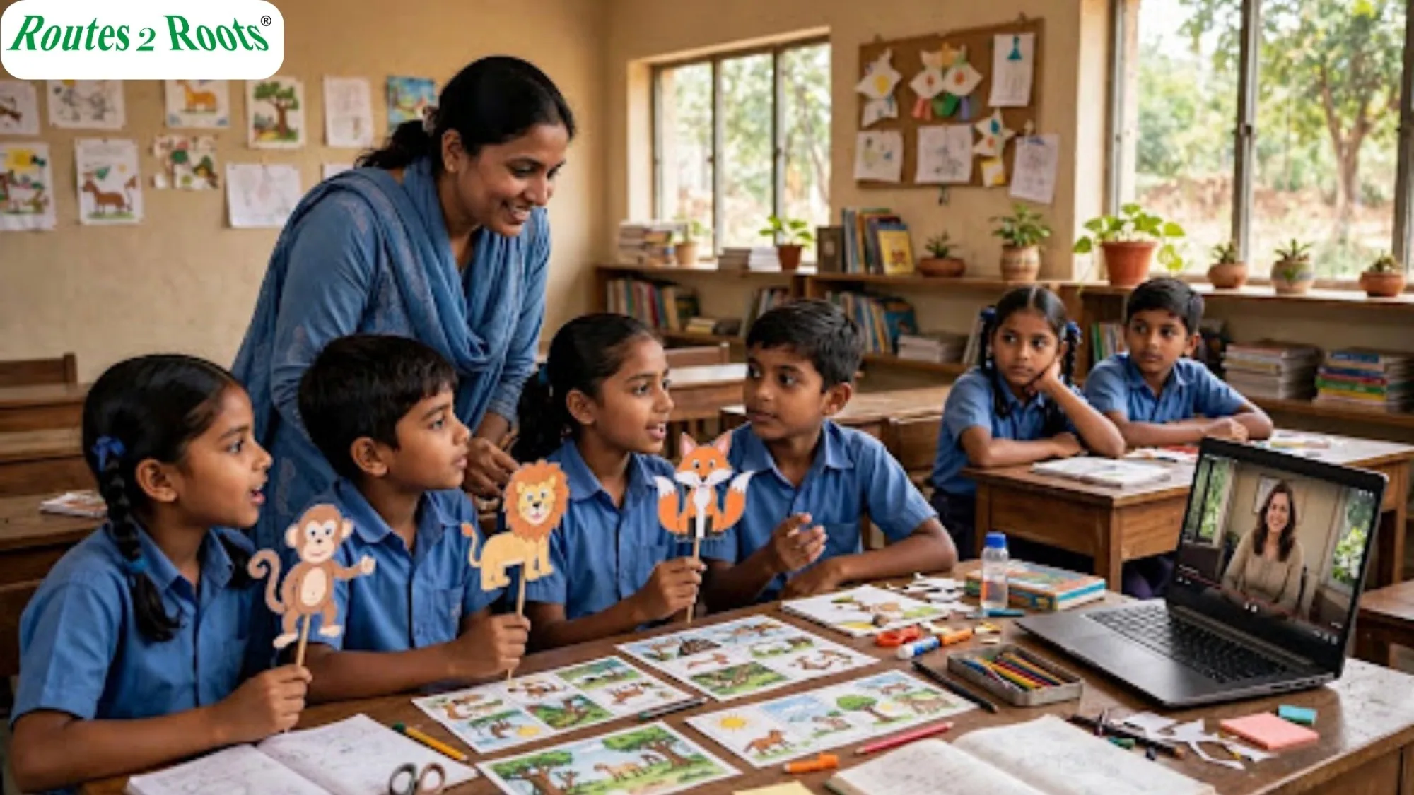Teacher guiding rural students in a hands-on arts activity with puppets