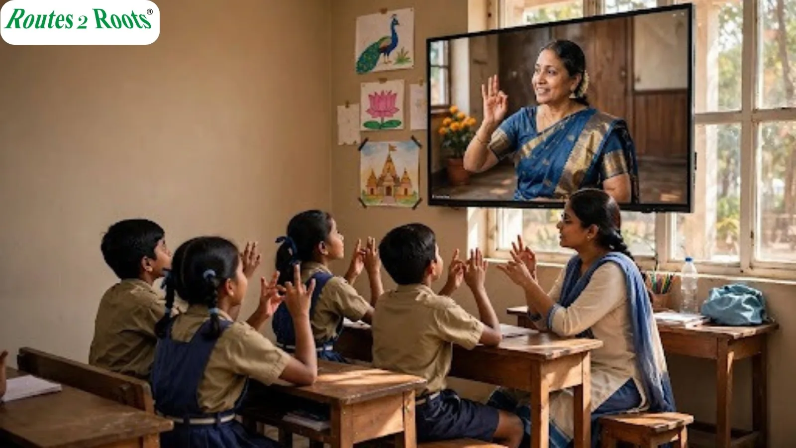 Rural students learning classical dance mudras through an online class