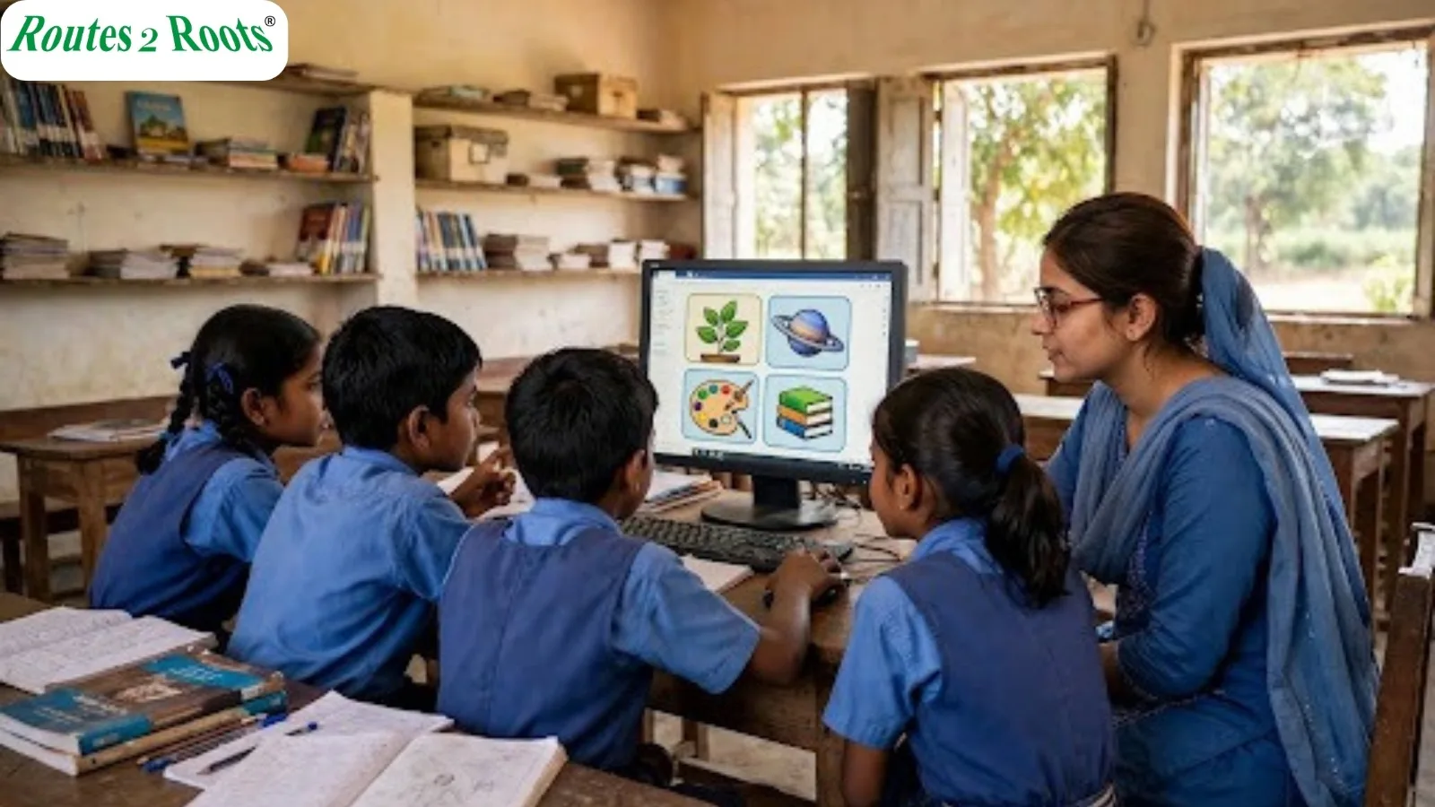 Teacher helping rural students use a computer for digital learning