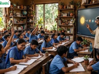 Teacher using a smart board to teach students in a remote classroom