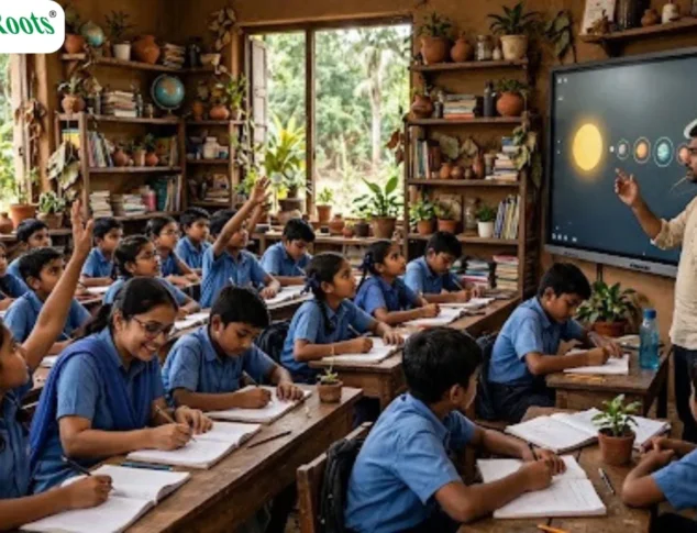 Teacher using a smart board to teach students in a remote classroom