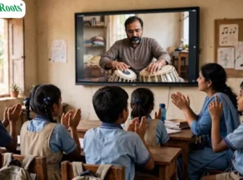 Students in a rural classroom learning tabla through a digital class