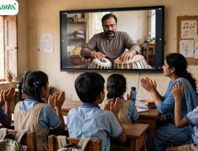 Students in a rural classroom learning tabla through a digital class