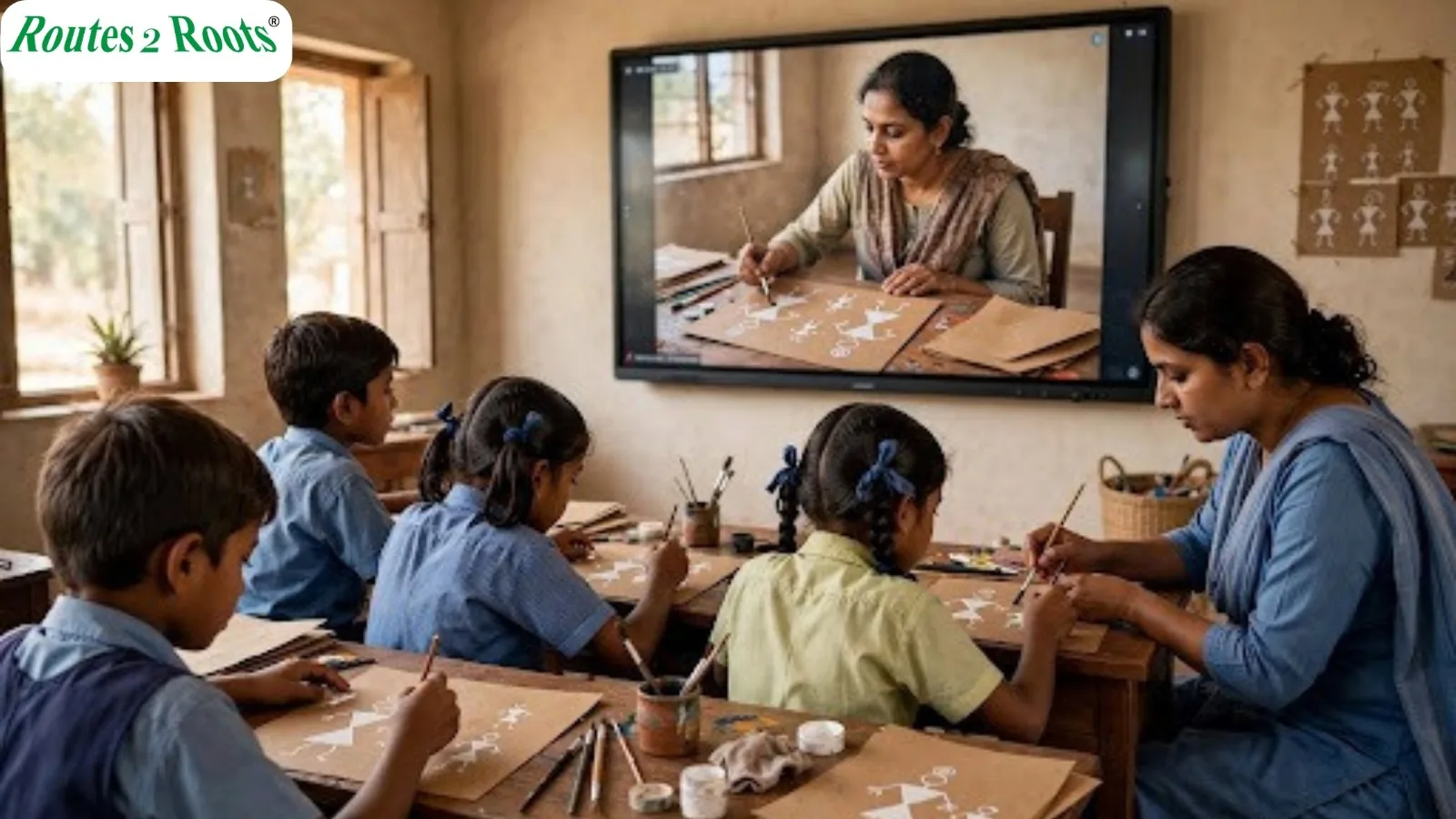 Students practising Warli painting with a digital arts lesson in a remote school